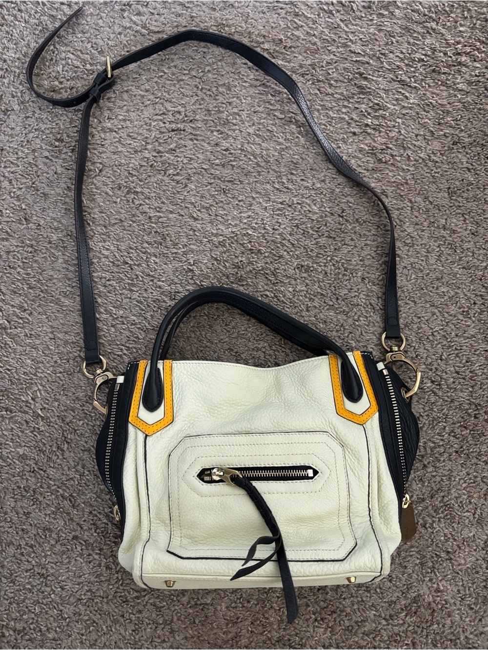 Oryani Leather Crossbody Satchel Bag in Cream and Black with Yellow Accents